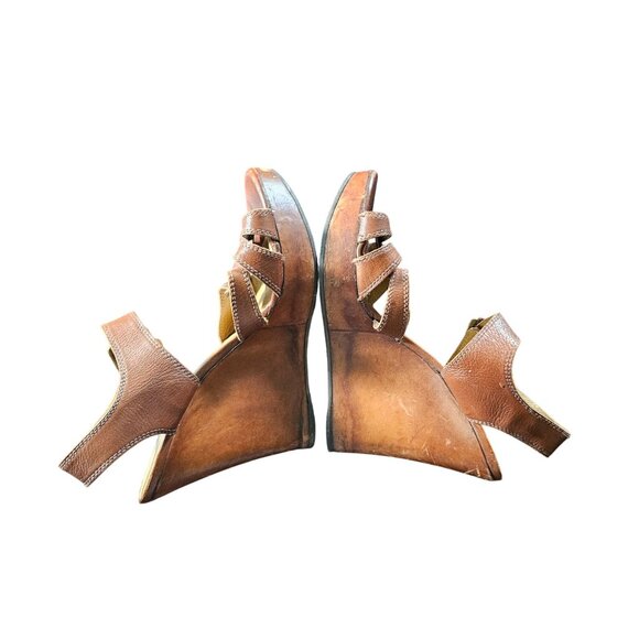 Brown Leather Wedge Sandals Adjustable Strap Peep-Toe Design For Women Sz 9.5 - Picture 3 of 11